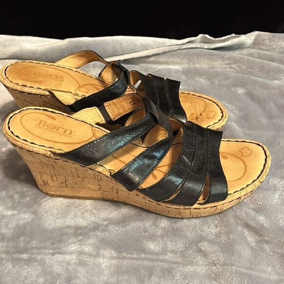 Born Morena Black Shiny Leather Cork Platform Wedge Slides Sandals - Picture 4 of 9